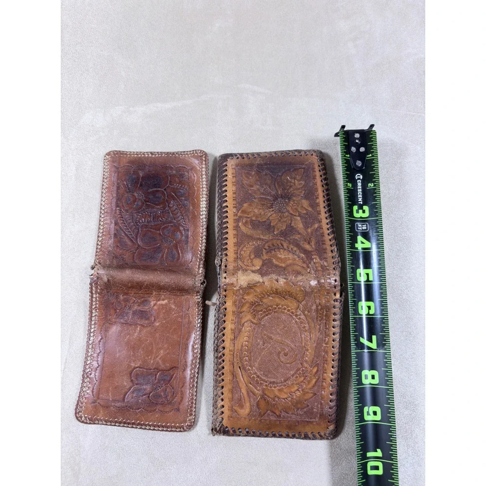 Vintage Hand Tooled Leather Wallet Set Mens Floral Western Bifold Whipstitch 2pc